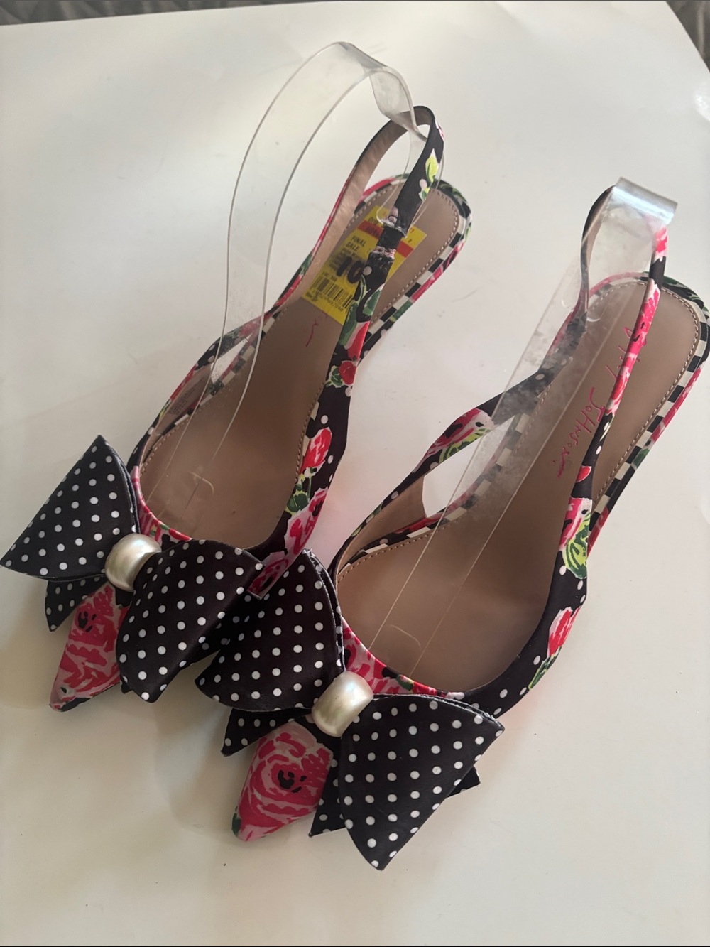 Betsey Johnson Black Floral Polka Dot Slingback Kitten Heels - Picture 2 of 8
